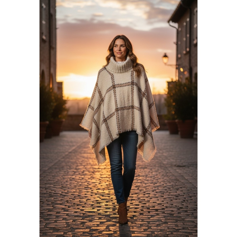 World‎ Market Womens Cream Plaid Turtleneck Poncho Cape Sweater Fringe One Size